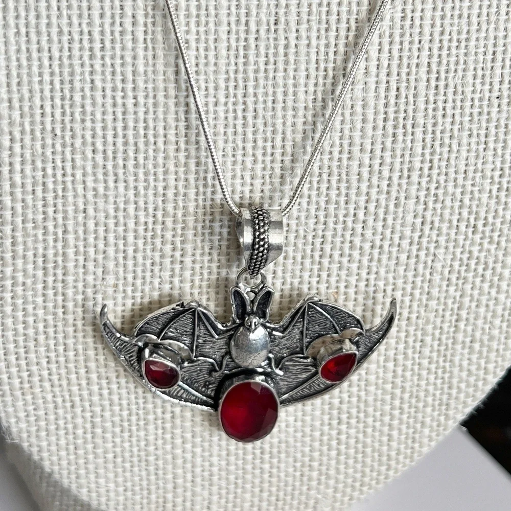 Garnet 925 Sterling Silver BAT Necklace Handmade Gemstone womens Jewelry goth